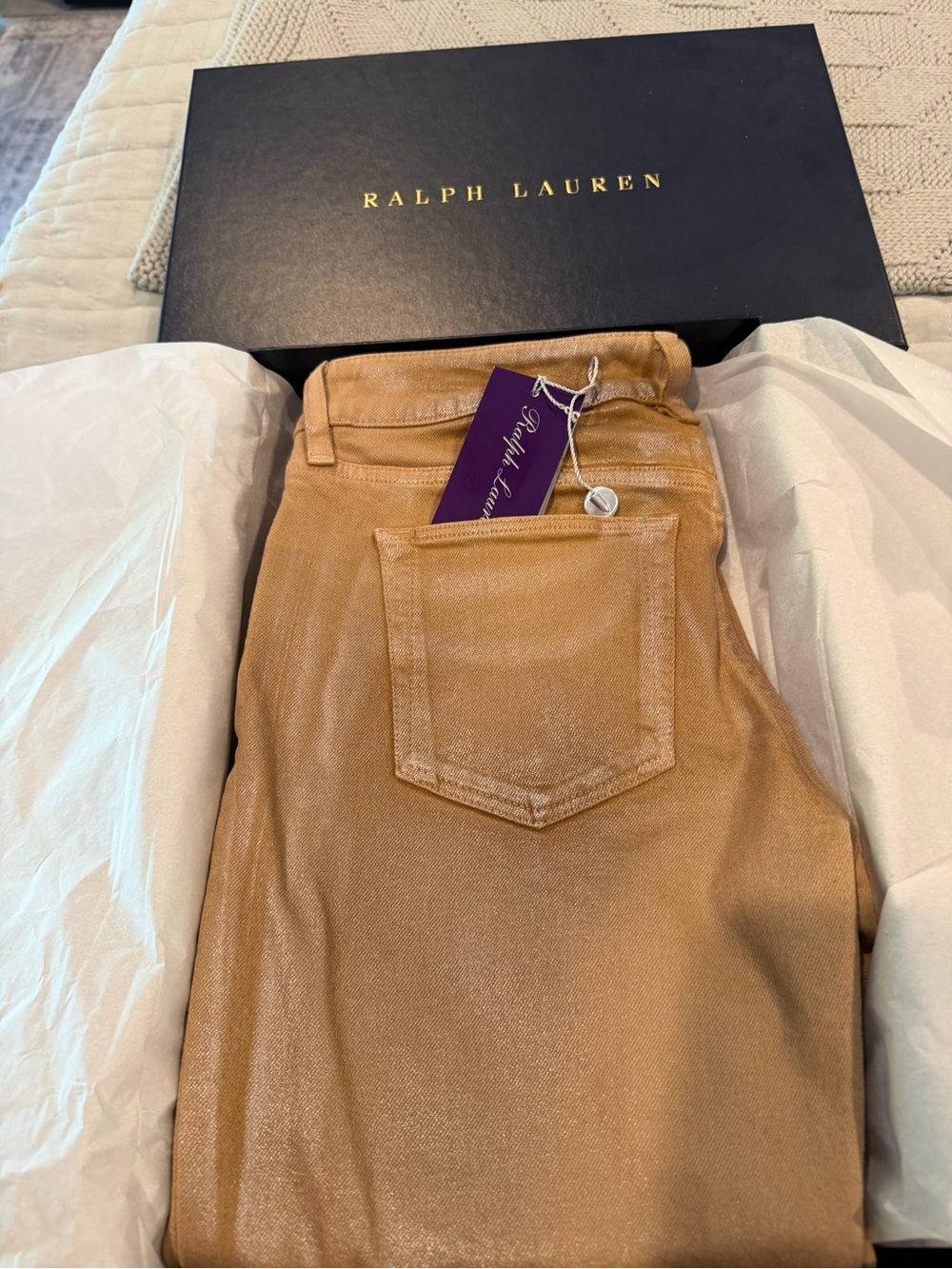 NWT Ralph Lauren Purple Label Champagne Coated Metallic Jeans RL Box